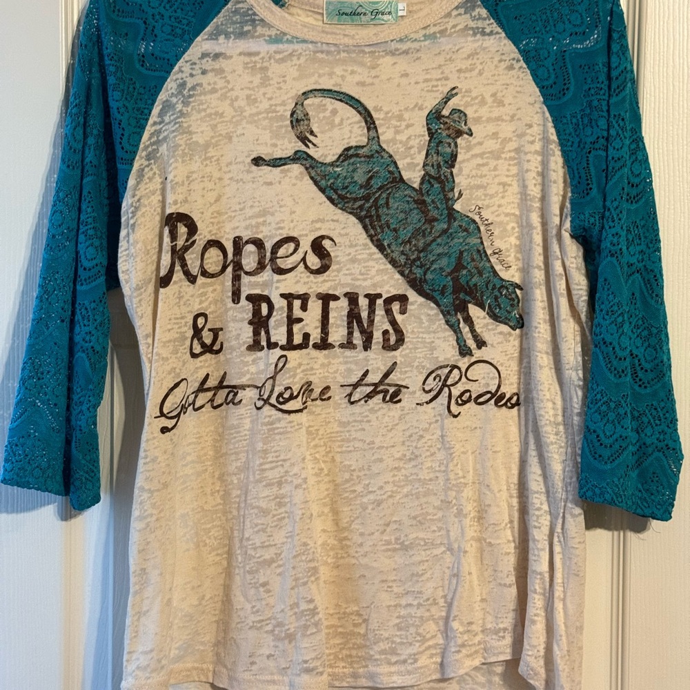 Southern Grace Teal and Cream Rodeo Shirt